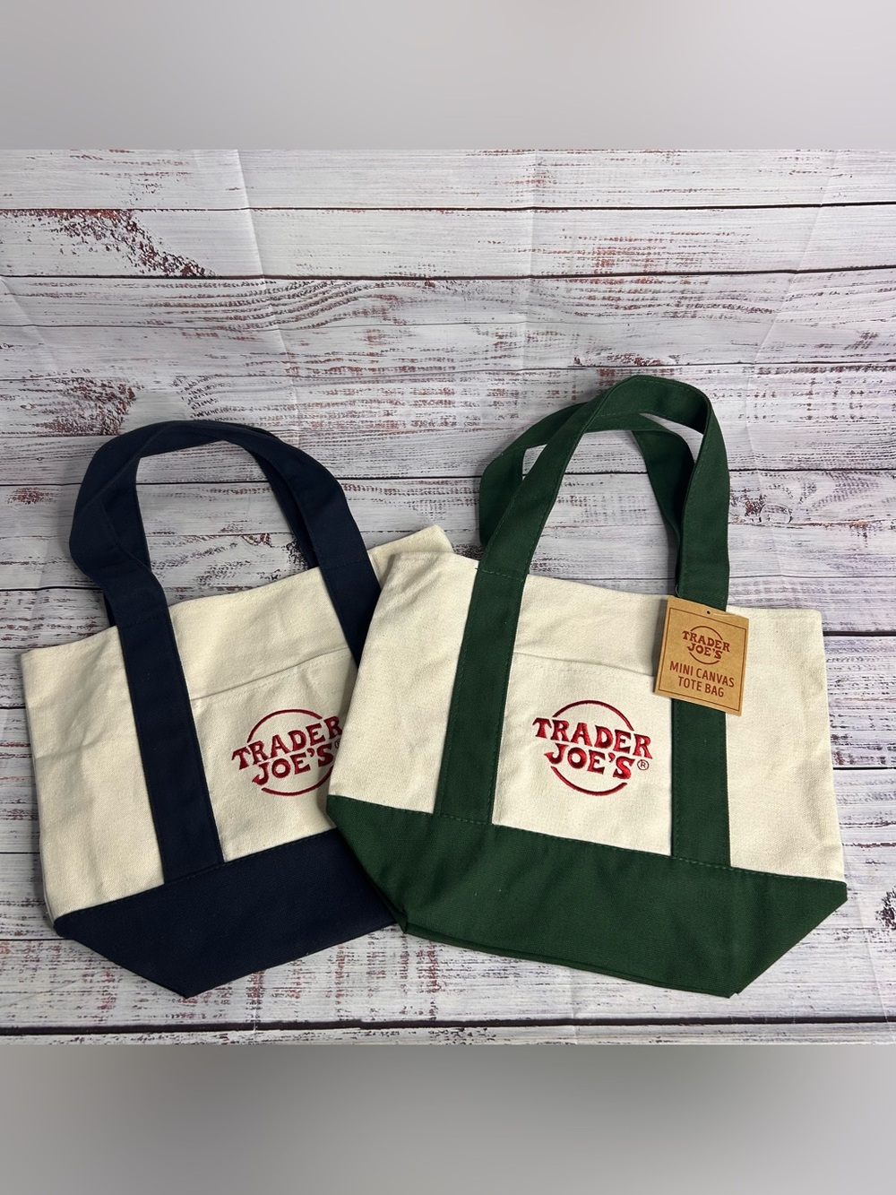 Trader Joe's Mini Tote Bag Canvas Green & Blue SET of 2